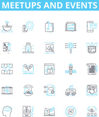 Meetups and events vector line icons set. Meetups, Events, Gatherings, Networking, Conventions, Seminars, Reunions illustration outline concept symbols and signs