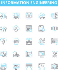Information engineering vector line icons set. Information, engineering, systems, technology, data, database, database management illustration outline concept symbols and signs
