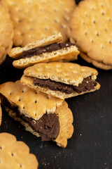 crispy cookies with chocolate filling between cookies
