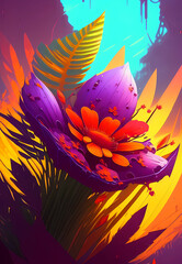 Fototapeta na wymiar Fabulous drawing of colorful flowers with tropical leaves, generative ai
