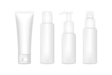 Blank cosmetic packaging mockup: tube, spray, bottle with press pump.bottle gel - Vector illustration.