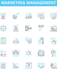 Marketing management vector line icons set. Strategy, Advertising, Branding, Research, Analysis, Segmentation, Targeting illustration outline concept symbols and signs