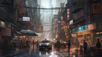 Obraz premium busy city with people, digital art illustration, Generative AI