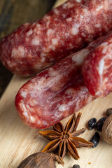 Dried pork sausage during slicing
