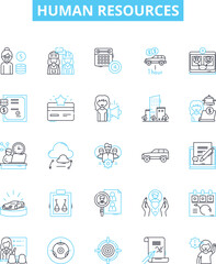 Human resources vector line icons set. Recruitment, Hiring, Job, Training, Benefits, Compensation, HR illustration outline concept symbols and signs
