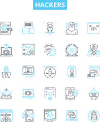 Hackers vector line icons set. hacking, cracker, malware, virus, exploit, phishing, cryptovirus illustration outline concept symbols and signs