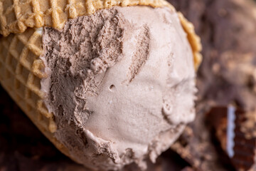 chocolate ice cream in a waffle cup on chocolate