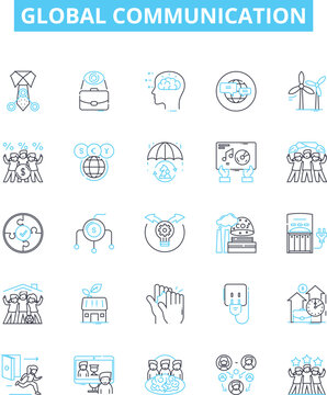Global communication vector line icons set. Interconnectivity, Worldwide, Technology, Networking, Digital, Instantaneous, Cross-cultural illustration outline concept symbols and signs