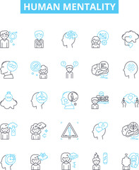 Human mentality vector line icons set. Mindset, Attitude, Perception, Cognition, Reasoning, Thought, Psychology illustration outline concept symbols and signs