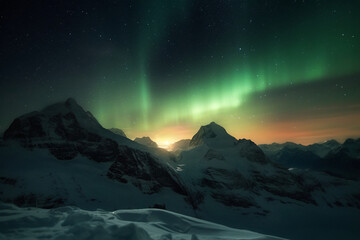 Aurora, Swiss Alps, star, snow, winter. AI generative