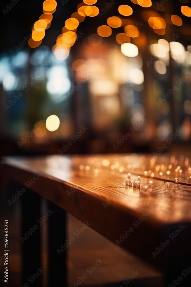 Wall mural image of wooden table in front of abstract blurred background of restaurant lights. ai generative - Wall murals