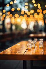Image of wooden table in front of abstract blurred background of restaurant lights. AI generative