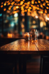 Fototapeta na wymiar Image of wooden table in front of abstract blurred background of restaurant lights. AI generative
