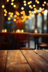 Image of wooden table in front of abstract blurred background of restaurant lights. AI generative