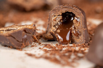 sweet chocolates with soft filling, chocolate pieces