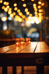 Image of wooden table in front of abstract blurred background of restaurant lights. AI generative
