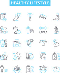 Healthy lifestyle vector line icons set. Exercise, Nutrition, Sleep, Diet, Hydration, Stress, Meditation illustration outline concept symbols and signs