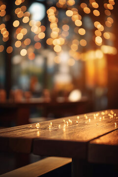 Image of wooden table in front of abstract blurred background of restaurant lights. AI generative
