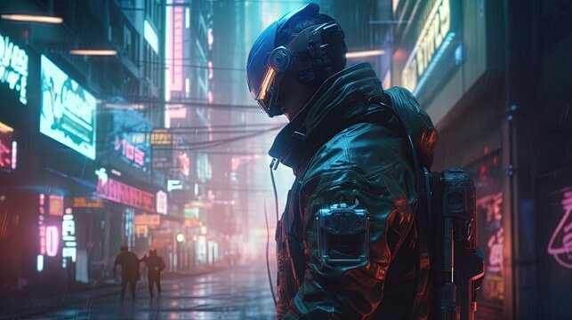 cyberpunk soldier advances, digital art illustration, Generative AI