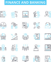 Finance and banking vector line icons set. Banking, Finance, Money, Investment, Savings, Mortgage, Loan illustration outline concept symbols and signs