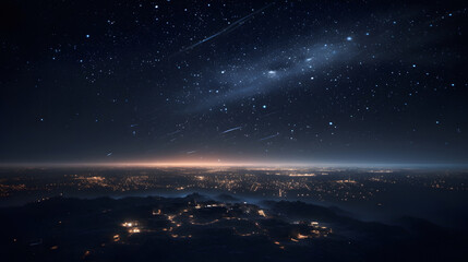 Enchanting Night Sky in Mountainous Landscape. A stunning night-time landscape of a galaxy in the sky, with majestic mountains and stars. Created with generative AI.