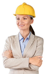 Female engineer inspector in a hard helmet