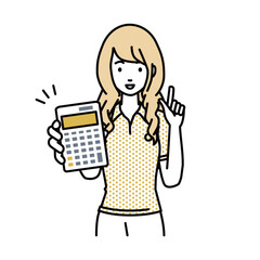 立って電卓を持ってこちらに向けて見せているポロシャツの女性