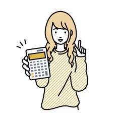 立って電卓を持ってこちらに向けて見せているスウェットの女性