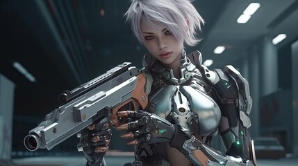 Fototapeta na wymiar cyborg girl holding massive gun, digital art illustration, Generative AI
