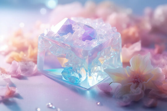 Milky, aether scene, translucent, glitterethereal, goddenss muse, background saltwatercrystal clear, water reflections, pastel colors. holographic, style prism. AI generative