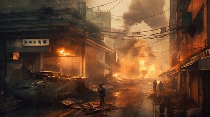 city on fire with soldiers, digital art illustration, Generative AI