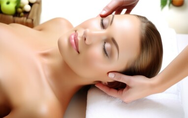 Obraz na płótnie Canvas Beautiful young woman getting facial massage in spa salon. Spa treatment. Generative AI