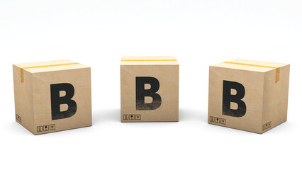 Krafte box with the letter B. Box made of paper in 3 different positions: front, left and right. Alphabet in 3D render. Easy cropping: one click. Isolated white background.