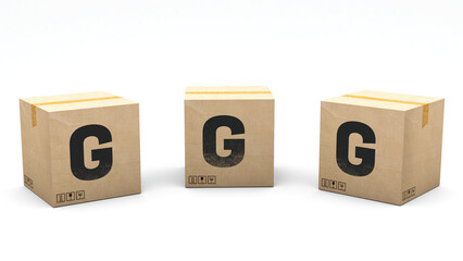 Krafte box with the letter G. Box made of paper in 3 different positions: front, left and right. Alphabet in 3D render. Easy cropping: one click. Isolated white background.