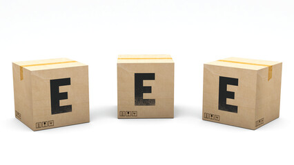 Krafte box with the letter E. Box made of paper in 3 different positions: front, left and right. Alphabet in 3D render. Easy cropping: one click. Isolated white background.