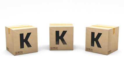 Krafte box with the letter K. Box made of paper in 3 different positions: front, left and right. Alphabet in 3D render. Easy cropping: one click. Isolated white background.