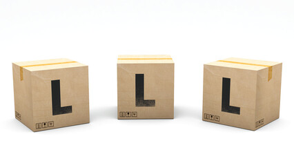 Fototapeta premium Krafte box with the letter L. Box made of paper in 3 different positions: front, left and right. Alphabet in 3D render. Easy cropping: one click. Isolated white background.