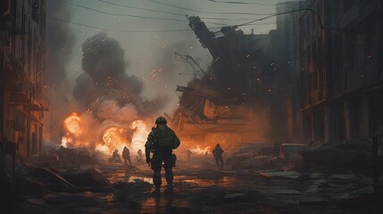 city on fire with soldiers, digital art illustration, Generative AI