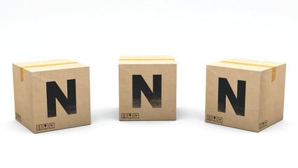 Krafte box with the letter N. Box made of paper in 3 different positions: front, left and right. Alphabet in 3D render. Easy cropping: one click. Isolated white background.