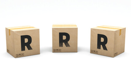 Krafte box with the letter R. Box made of paper in 3 different positions: front, left and right. Alphabet in 3D render. Easy cropping: one click. Isolated white background.