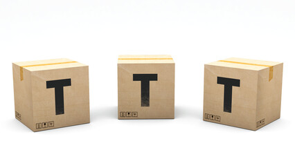 Krafte box with the letter T. Box made of paper in 3 different positions: front, left and right. Alphabet in 3D render. Easy cropping: one click. Isolated white background.