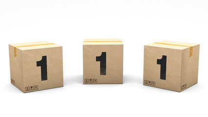 Krafte box with the number 1. Box made of paper in 3 different positions: front, left and right. Alphabet in 3D render. Easy cropping: one click. Isolated white background.