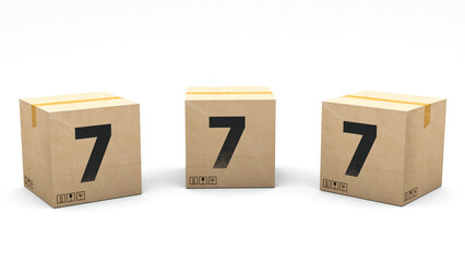 Krafte box with the number 7. Box made of paper in 3 different positions: front, left and right. Alphabet in 3D render. Easy cropping: one click. Isolated white background.