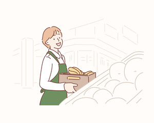 Young saleswoman on fruit market holding fruits and looking at camera. Hand drawn style vector design illustrations.
