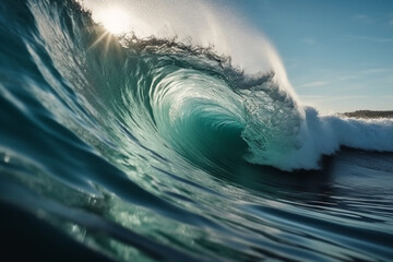 Tropical blue surfing wave. Sunshine in the wave barrel. No people. Beautiful deep blue tube wave in the Ocean. AI generative