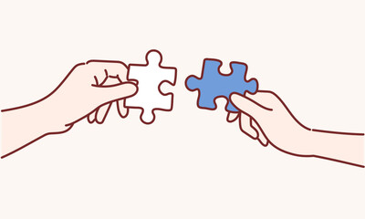 The man and woman holds in hand a jigsaw puzzle. Business solutions, success and strategy concept. Hand drawn style vector design illustrations.