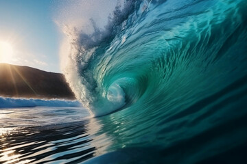 Tropical blue surfing wave. Sunshine in the wave barrel. No people. Beautiful deep blue tube wave in the Ocean. AI generative