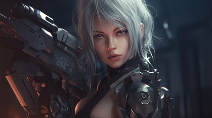 Plakat cyborg girl with big gun, digital art illustration, Generative AI