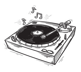 Black and white drawn vinyl turntable record player and musical notes