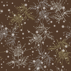 Seamless seasonal floral pattern with blooming branches of Grevillea flower and snowflakes. Grevillea banksii. Exotic blossom. Hand drawn sketches. Monochrome silhouettes on brown background.